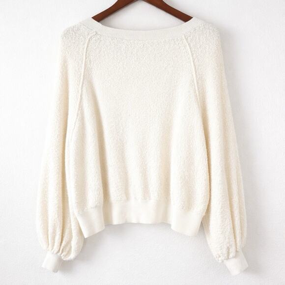 Free People Ivory Boucle Knit Sweater XS Balloon Sleeve Round Neck Pullover - Picture 3 of 9